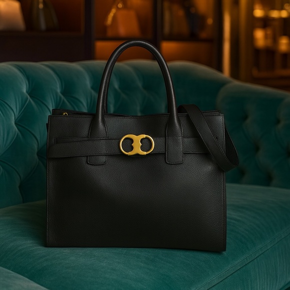 NEW Tory Burch Gemini Link Black Leather Tote Bag with Detachable Shoulder Strap - Picture 1 of 13